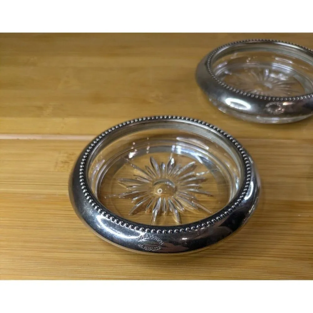 W&S Blackinton Silver Plate Trim Glass Coasters Sunburst Italy Set‎ of 3 Vintage
